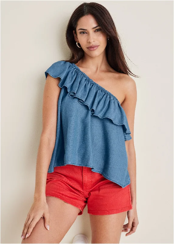 Chambray Ruffle Top - Medium Wash Laid - back Women's Vibe