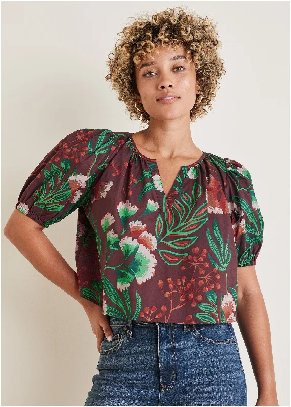Balloon Sleeve V-Neck Top - Lake Botanical Disco