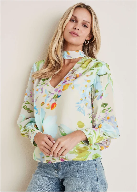 Printed Tie Neck Blouse - Coquette Bouquet Stylish Women's Neon