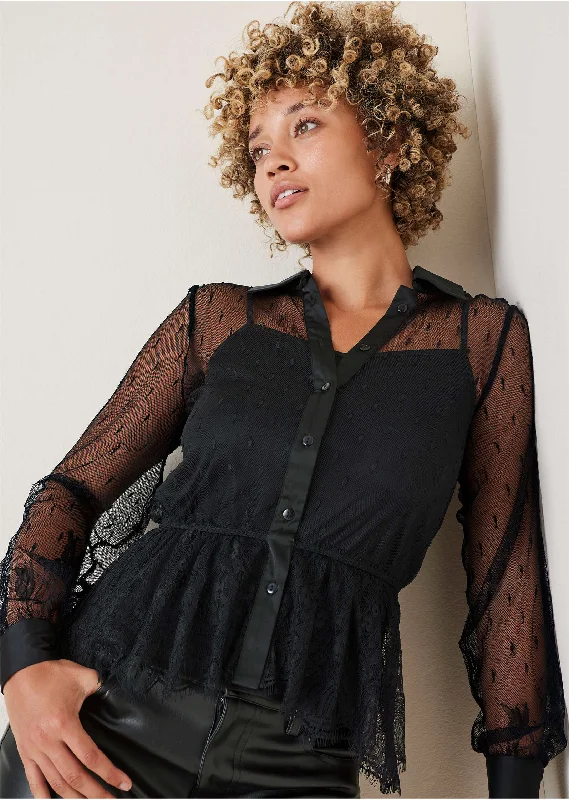 Sheer Lace Blouse - Black Cozy Women's Winter