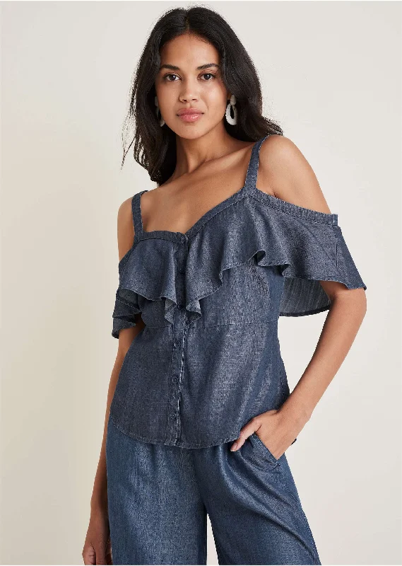 Chambray Ruffle Top - Dark Wash Sleek Women's Metallic