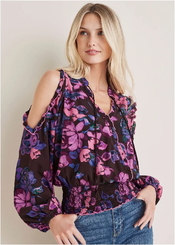 Ruffle Cold Shoulder Blouse - Electric Bouquet Earthy Women's Hemp - based