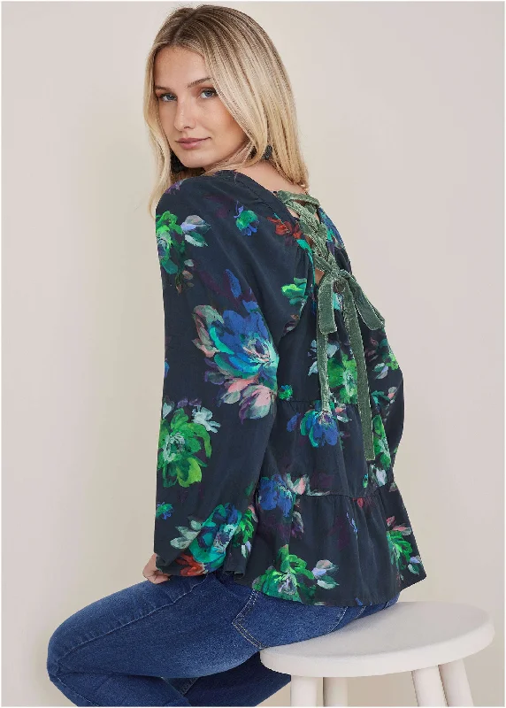Square Neck Tiered Blouse - Midnight Garden Relaxed Women's Beachy