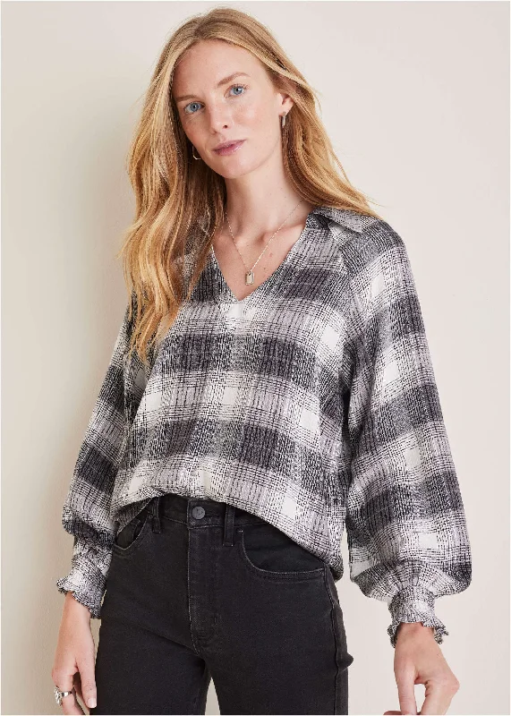 Brushed Plaid Blouse - Grey Plaid purpose