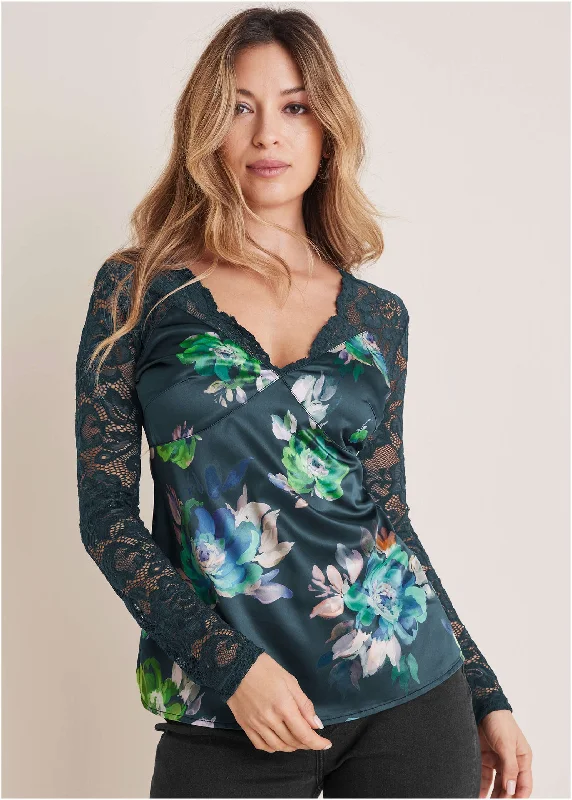 Lace Sleeve Printed Top - Midnight Garden Sophisticated Women's 