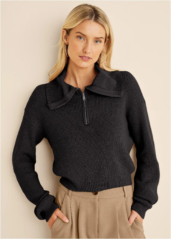 Quarter Zip Pullover - Black Refined Women's Hand - crafted