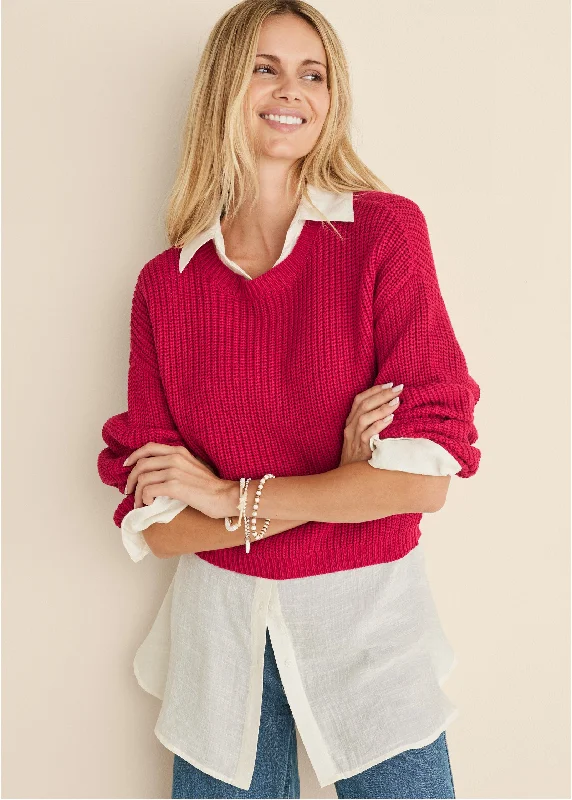 Slub Crew Sweater - Red Trendy Women's Oversized