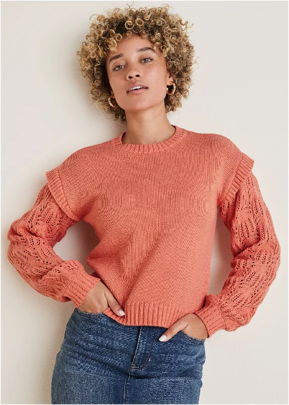 Pointelle Sleeve Crew Neck - Burnt Coral Casual Women's Loose - fitting