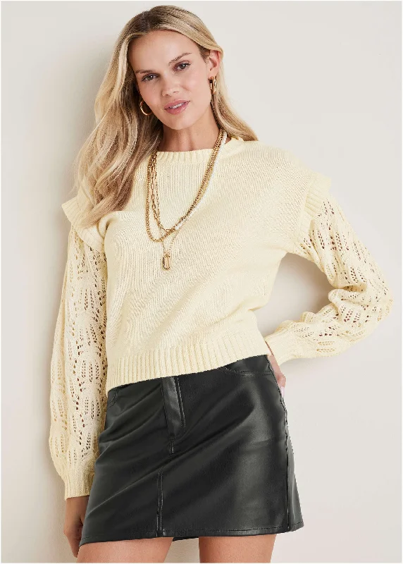 Pointelle Sleeve Crew Neck - Off White Earthy Women's 