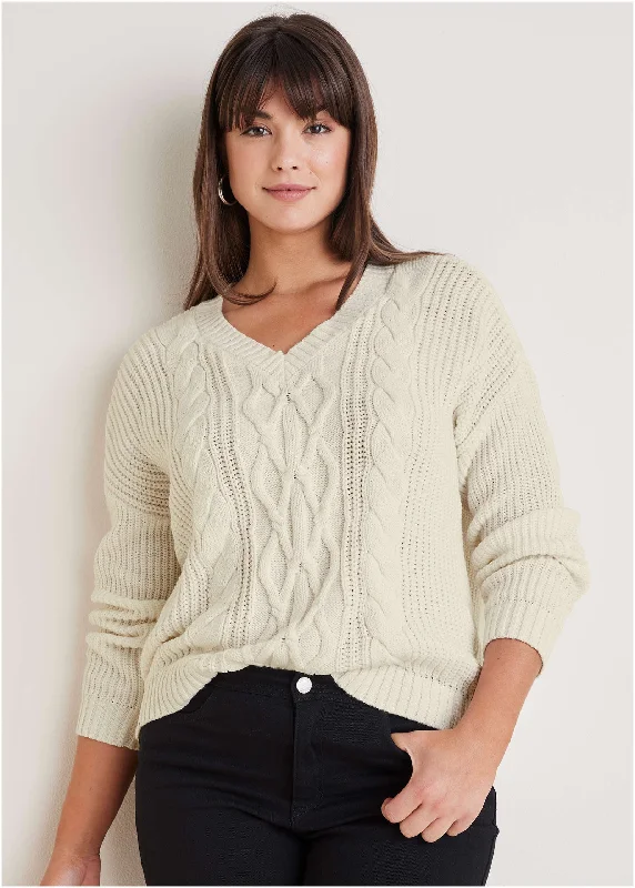 Cable Knit Sweater - Off White Elegant Women's 