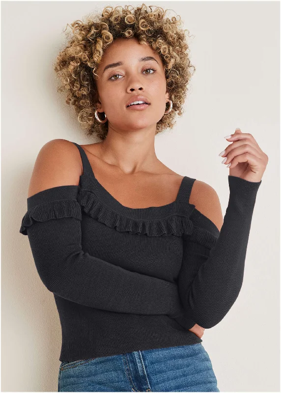 Cold Shoulder Ruffle Top - Black Feminine Women's Soft 