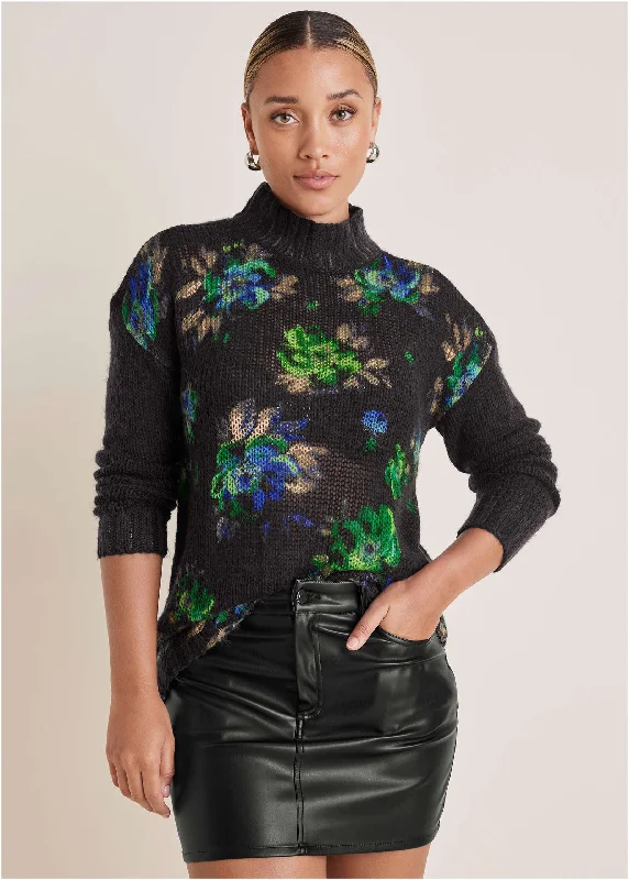 Printed Turtleneck Sweater - Midnight Garden Athletic Women's High - 