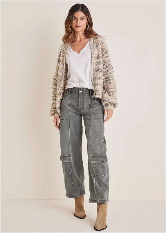 Textured Yarn Cardigan - Grey & Tan Feminine Women's Soft 