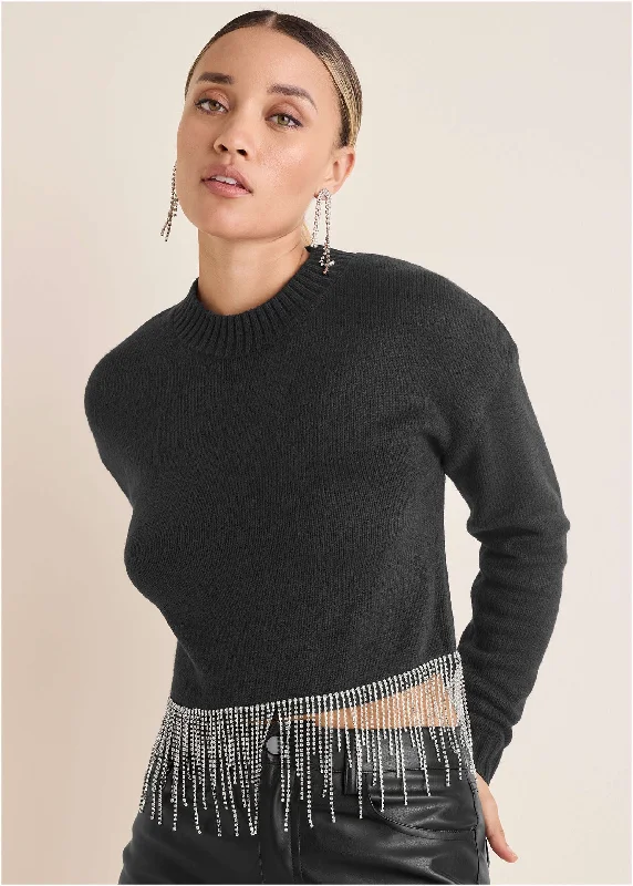 Rhinestone Trim Sweater  - Black Casual Women's Loose - fitting