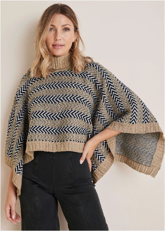 Sweater Poncho - Tan Combo Refined Women's Hand - crafted