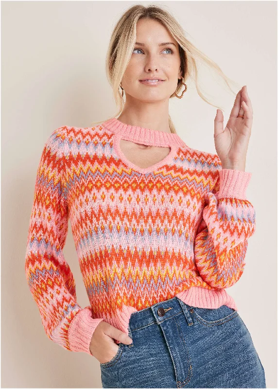 Fair Isle Mock Neck Sweater - Peach Dust Relaxed Women's Beachy