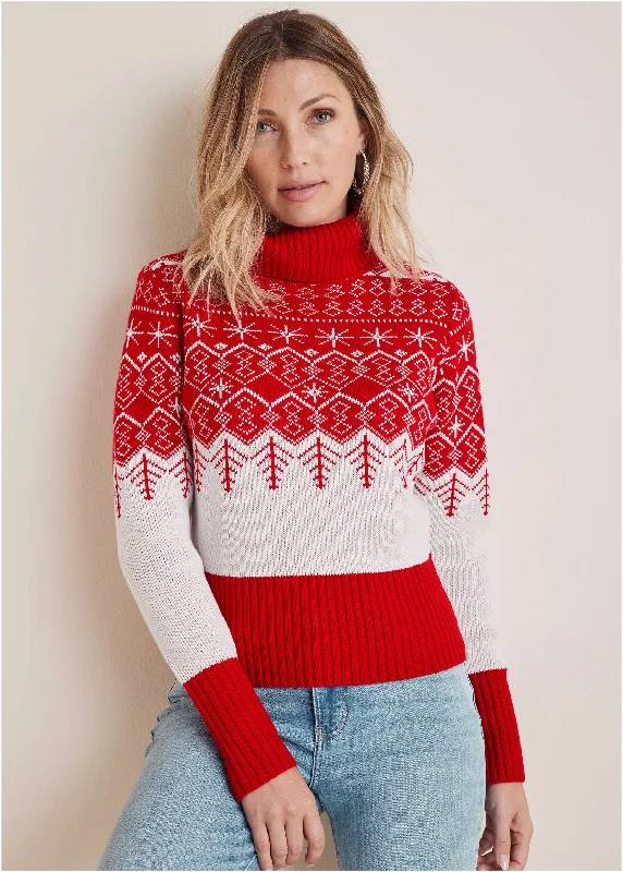 Embellished Holiday Sweater - Red Snowflake Multi Street