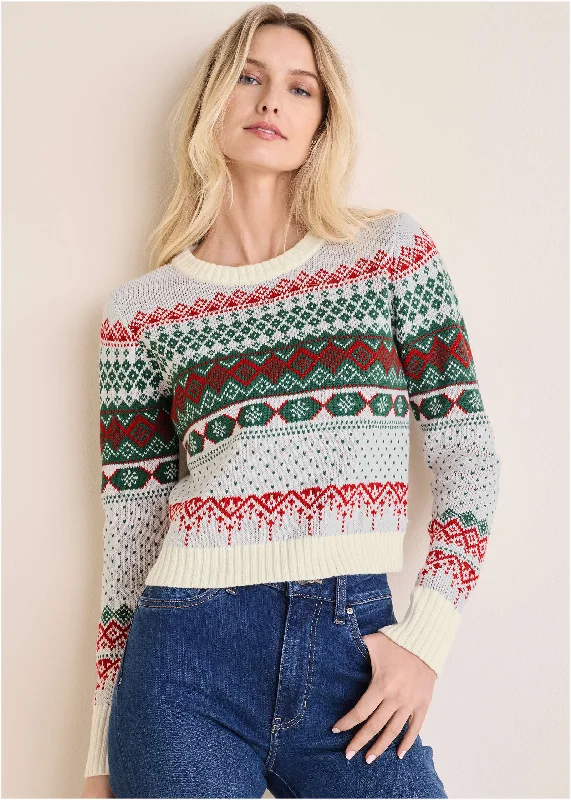 Fair Isle Sweater - Red & Green Multi Modern Women's 